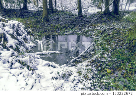 Frozen pond near forest with melting patches, Scenic view of snowy pond bordered by trees and thawing areas 133222672