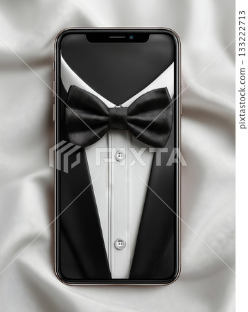 Elegant phone mockup with tuxedo design on soft fabric background 133222713