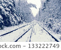 Chilly forest railway with snowcovered trees and distant tracks 133222749