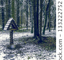 Scenic winter scene with wooden bird refuge and natural growths 133222752