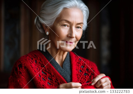 Senior woman knitting with red yarn, enjoying a relaxing hobby 133222783