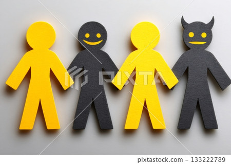 Four figures holding hands, representing good and evil, with happy and neutral expressions 133222789