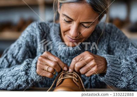 Shoemaker tying shoelaces on handmade leather boots in workshop 133222888