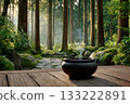 Incense burner releasing smoke in a serene forest setting promoting relaxation and mindfulness 133222891