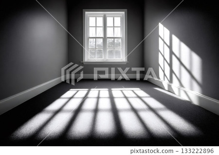 Sunlight casting geometric shadows in empty room 133222896
