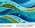 Abstract painting showing wavy stripes with bubbles in blue and green 133222897