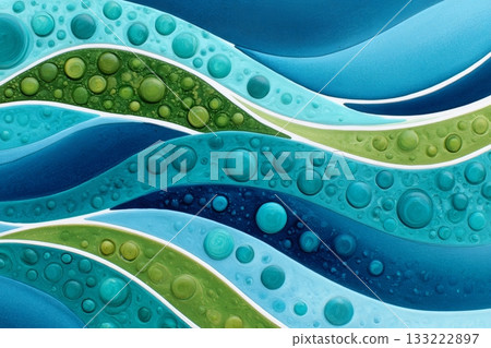 Abstract painting showing wavy stripes with bubbles in blue and green 133222897