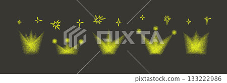 Y2K grain gradient neon crown icons. Dot gradation airbrush king symbols yellow spray illustration. Vector vintage aesthetic grainy queen crowns figures with sand dust texture on black background 133222986