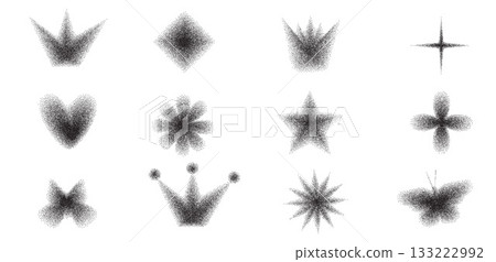 Icons y2k shapes with noise grain gradient. Gradation halftone illustration of butterfly, crown, flower and heart with star dot pattern. Vector spray paint twinkle, floral symbols shapes illustration 133222992