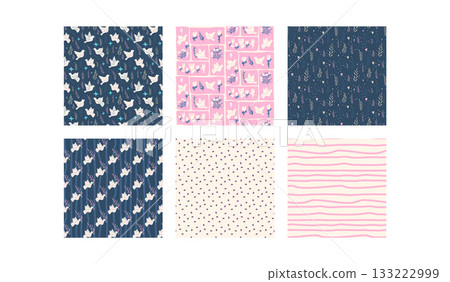 Birds seamless patterns collection. Folk dove of peace motif blu, pink and beige background set. Pigeons flying, stripes repeat background. Vector hand drawn flat doves print illustrations Birds seamless patterns collection. Folk dove of peace motif blu, pink and beige background set. Pigeons flying, stripes repeat background. Vector hand drawn flat doves print illustrations 133222999