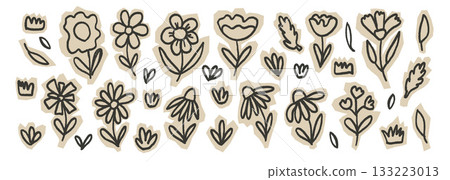Scrapbook scribble cut out flowers. Naive doodle paper stickers collection. Set of scrap book floral shapes crayon textures. Vector scrap book pieces element illustration isolated on white backdrop 133223013