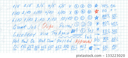 School exam marks icons on crumpled math grid paper. Teacher note hand drawn blue pen set. Exam scribbles symbols. Educational marks, score, test results. Vector handmade fail and approved check School exam marks icons on crumpled math grid paper. Teacher note hand drawn blue pen set. Exam scribbles symbols. Educational marks, score, test results. Vector handmade fail and approved check 133223020