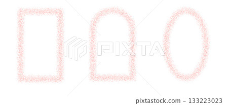 Pink geometric frames set. Arc, rectangle and oval gritty borders. Square, arch, ellipse text boxes. Spray halftone callouts. Vector illustration 133223023