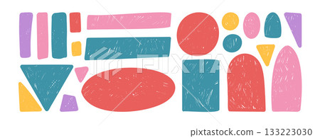 Handmade multi color geometric shape set. Text boxes irregular childish frames pack. Arch, lines highlight, circle and square figures. Vector hand drawn quotation crayon geometry uneven sticker shapes Handmade multi color geometric shape set. Text boxes irregular childish frames pack. Arch, lines highlight, circle and square figures. Vector hand drawn quotation crayon geometry uneven sticker shapes 133223030