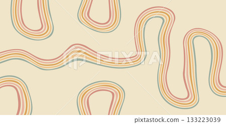 Groovy rainbow lines background. Wavy stripes vintage colors cover. Playful squiggle wave arch wall design. Vector retro beige wiggle ornament 133223039