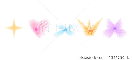 Grainy heart, crown, butterfly noise gradient multi colors icons. Grain gradation flower, star dot airbrush spray shapes. Vector simple butterfly figures with dotwork paint isolated no background Grainy heart, crown, butterfly noise gradient multi colors icons. Grain gradation flower, star dot airbrush spray shapes. Vector simple butterfly figures with dotwork paint isolated no background 133223048