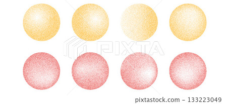 Gritty noise round elements set. Grunge dotwork gradient circles.Red and yellow sun shapes of dots texture. Planet sand diffuse effect callouts. Vector paint spray orbs icon on transparent background 133223049
