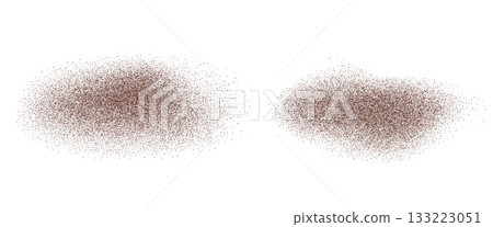 Coffee powder spots. Noise gradation dark brown fly spots shapes set. Grainy texture splash elements. Spray paint dotwork forms. Vector gritty wavy blob. Grunge food figures 133223051