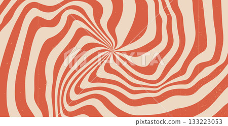 Groovy crazy liquid red starburst background with scratches. Retro hypnosis spiral with sun rays fluid illustration. Vector wavy decoration. Radial stripes vintage backdrop 70s pop art design 133223053