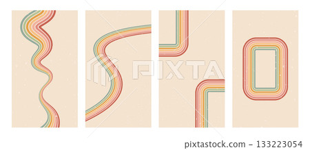 Groovy rainbow arch lines story backgrounds set. Wavy stripes, corners and rectangle frame vintage colors covers for social media collection. Playful wave wall designs. Vector retro beige decoration Groovy rainbow arch lines story backgrounds set. Wavy stripes, corners and rectangle frame vintage colors covers for social media collection. Playful wave wall designs. Vector retro beige decoration 133223054