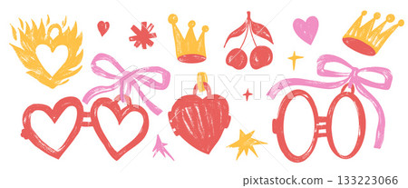 Heart in a fire, crayon frames stickers for text or photo stickers. Oil pastel cherry, crown, star, and bow coquette doodle elements for Valentine day scrawl design. Vector scribble stickers no bg 133223066