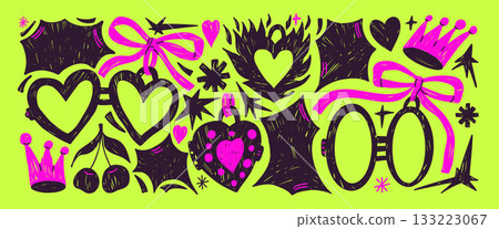 Hearts locket, bangs text boxes. Crayon fire heart with crowns and cherry set. Funky callout elements with girly stars shapes. Vector hand drawn Valentine illustration isolated on green background 133223067