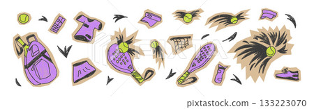 Padel tennis pencil drawn cutout stickers set. Racket, net, ball, sport cloth hand drawn collage icons isolated. Scribble sport equipment paper cut outs elements. Vector fitness illustration isolated Padel tennis pencil drawn cutout stickers set. Racket, net, ball, sport cloth hand drawn collage icons isolated. Scribble sport equipment paper cut outs elements. Vector fitness illustration isolated 133223070
