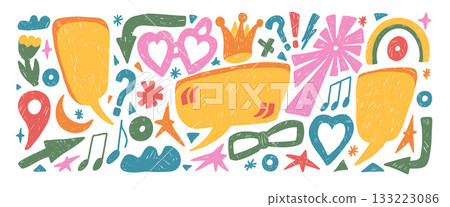 Colorful crayon text boxes with irregular figures. Speech bubble funky shape quotation frame box, arrow, stars. Playful callout clouds with marks dialog ideas. Hand drawn vector illustration isolated Colorful crayon text boxes with irregular figures. Speech bubble funky shape quotation frame box, arrow, stars. Playful callout clouds with marks dialog ideas. Hand drawn vector illustration isolated 133223086