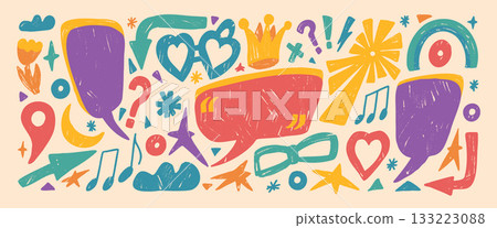 Speech bubble funky shape quotation frame box crayon text design for playful messages. Callout clouds, flower for fun dialog or note accents. Hand drawn vector speech bubble doodles in cartoon colors Speech bubble funky shape quotation frame box crayon text design for playful messages. Callout clouds, flower for fun dialog or note accents. Hand drawn vector speech bubble doodles in cartoon colors 133223088