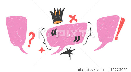 Funky pink speech bubbles with punctuation marks. Hand drawn crayon text boxes frames set with stars, bracket, crown. Chalk crayon callout textured shapes. Vector text balloon isolated no background Funky pink speech bubbles with punctuation marks. Hand drawn crayon text boxes frames set with stars, bracket, crown. Chalk crayon callout textured shapes. Vector text balloon isolated no background 133223091