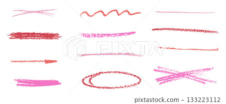 Cosmetic girly highlight. Lipstick underlines crayon set. Pink and red pencil brush stroke lines. Oval frame, strikethroug hand textured stripe, emphasis freehand and straight elements. Vector shapes 133223112