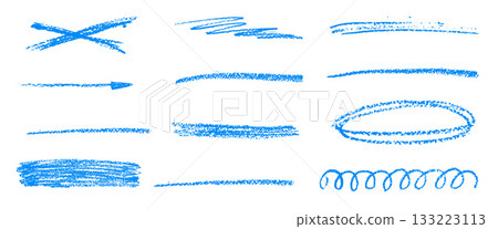 Blue underline crayon pencil brush stroke. Textured scrawl chalk strikethrough lines set. Hand pen drawn highlight for text design and note. Vector freehand scribble divider elements set isolated 133223113