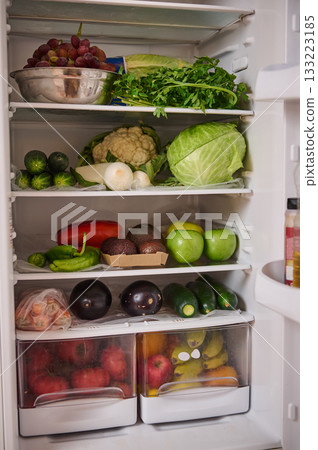 Fresh Produce In Refrigerator: Assorted Vegetables And Fruit For Healthy Kitchen 133223185