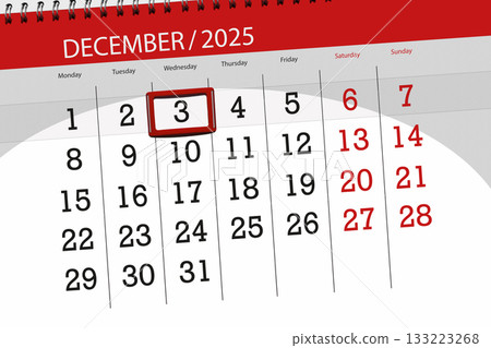Calendar 2025, deadline, day, month, page, organizer, date, December, wednesday, number 3 133223268