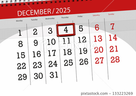 Calendar 2025, deadline, day, month, page, organizer, date, December, thursday, number 4 Calendar 2025, deadline, day, month, page, organizer, date, December, thursday, number 4 133223269