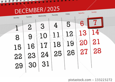 Calendar 2025, deadline, day, month, page, organizer, date, December, sunday, number 7 133223272