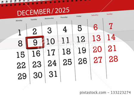 Calendar 2025, deadline, day, month, page, organizer, date, December, tuesday, number 9 133223274
