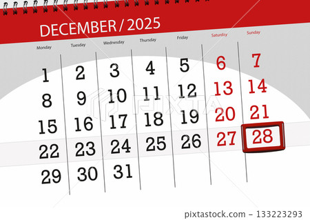 Calendar 2025, deadline, day, month, page, organizer, date, December, sunday, number 28 133223293