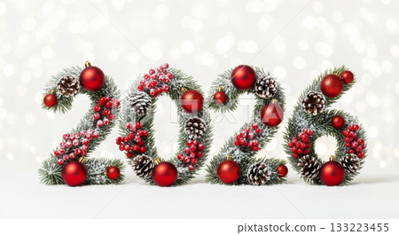 New Year 2026 numbers composed of frosted pine branches, red baubles, berries, and cones on sparkling bokeh background. 133223455