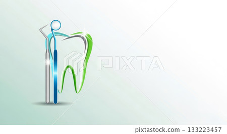 Dental concept illustration of a healthy tooth and a mirror probe. Oral hygiene and clean dentistry. 133223457