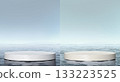 White marble podium stand in calm and waves sea water scene 133223525