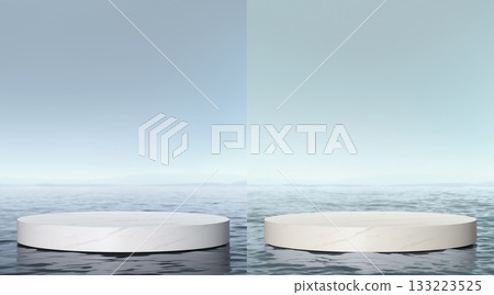 White marble podium stand in calm and waves sea water scene 133223525