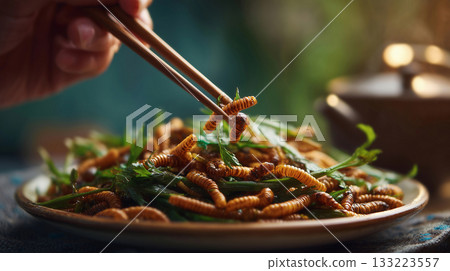 Hand holding chopsticks for alternative food edible insects, ai generated 133223557