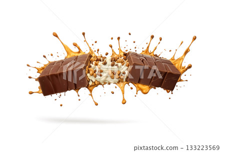 Chocolate bar cracking and splashing, no gravity, ai generated 133223569