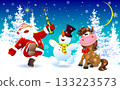 Happy Santa, a horse, and a snowman on Christmas Eve 133223573