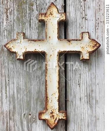 Rusted metal cross with a wooden frame Rusted metal cross with a wooden frame 133223611