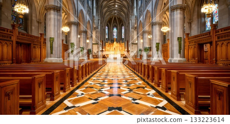 St. Patrick's cathedral interior showing gothic architecture and empty pews St. Patrick's cathedral interior showing gothic architecture and empty pews 133223614