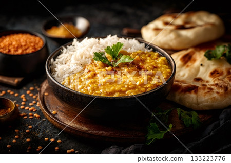 Indian dal with rice and naan bread on dark background 133223776