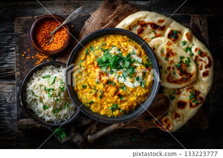 Indian dal with naan bread and basmati rice 133223777