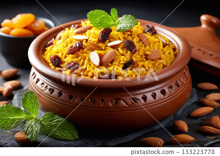 Pilaf rice dish with almonds and raisins 133223778